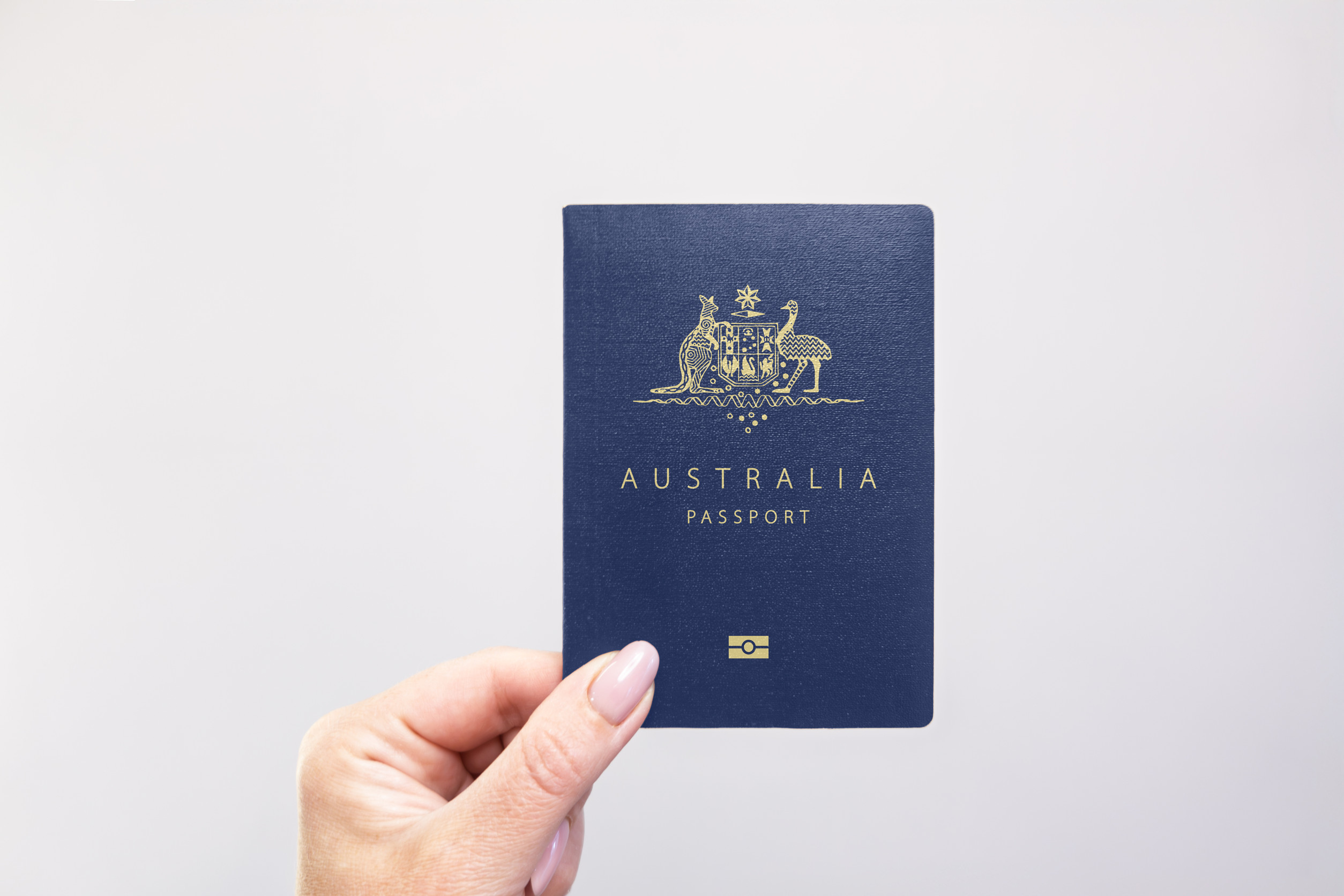 Australia Held Passport In Hand Against A Plain White Background