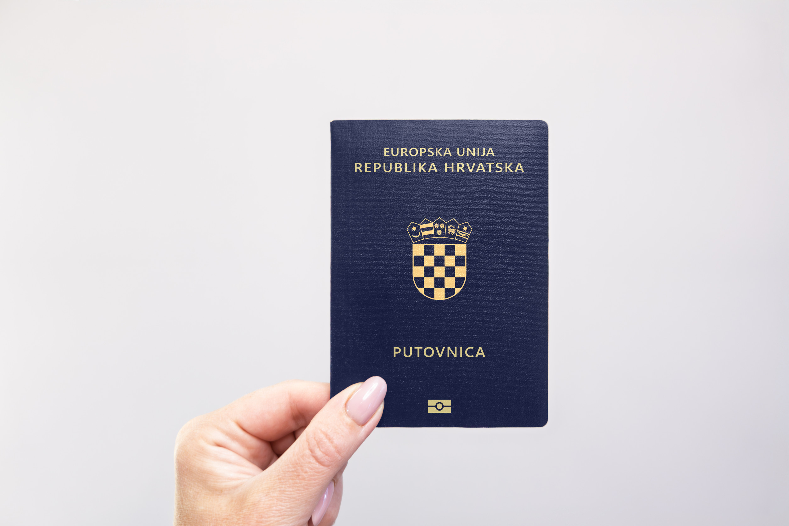 Croatia Passport Held In Hand Against A Plain White Background
