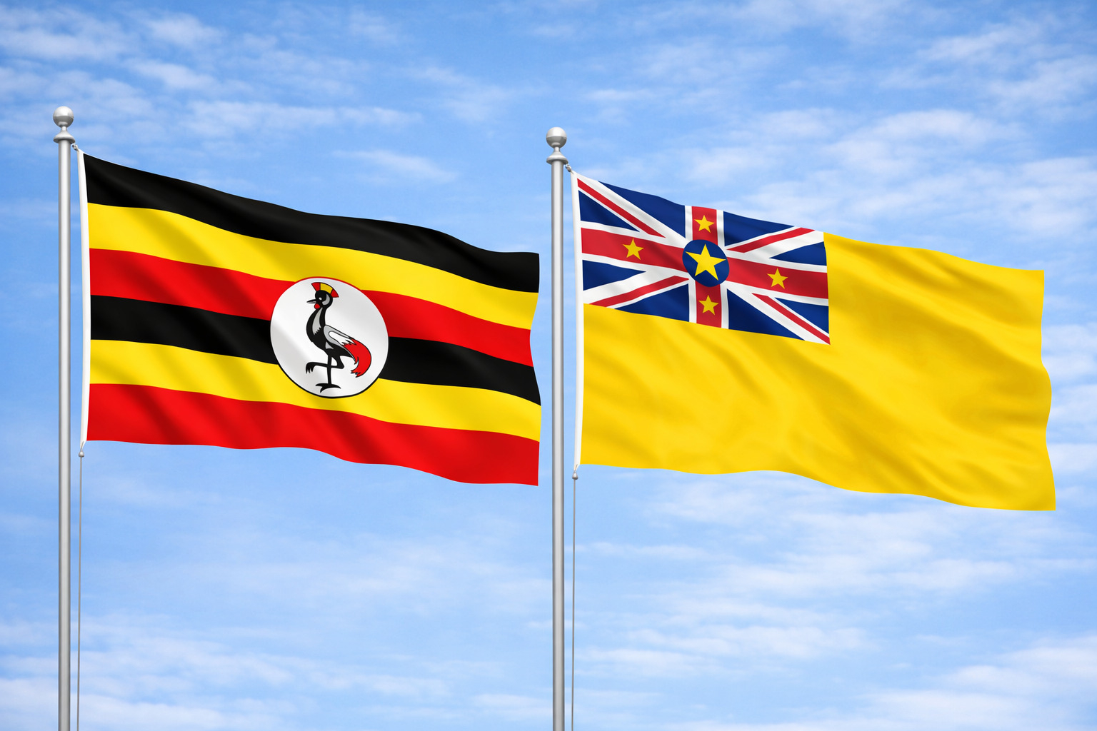Flags Of Uganda And Niue In The Wind