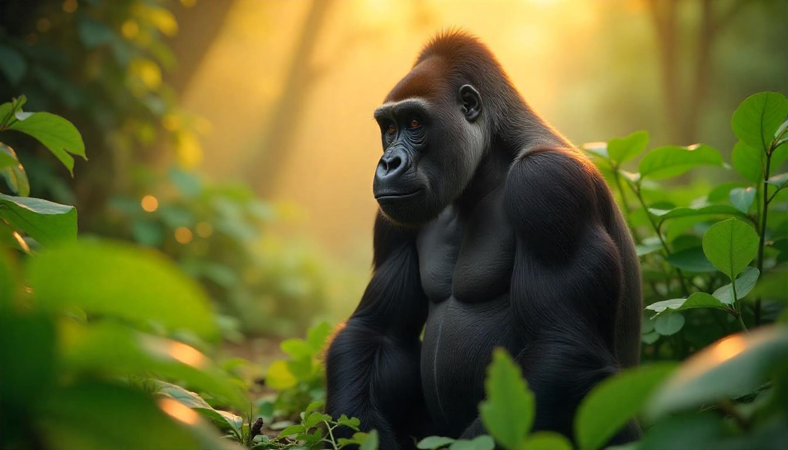 Gorilla Sitting In Lush Jungle