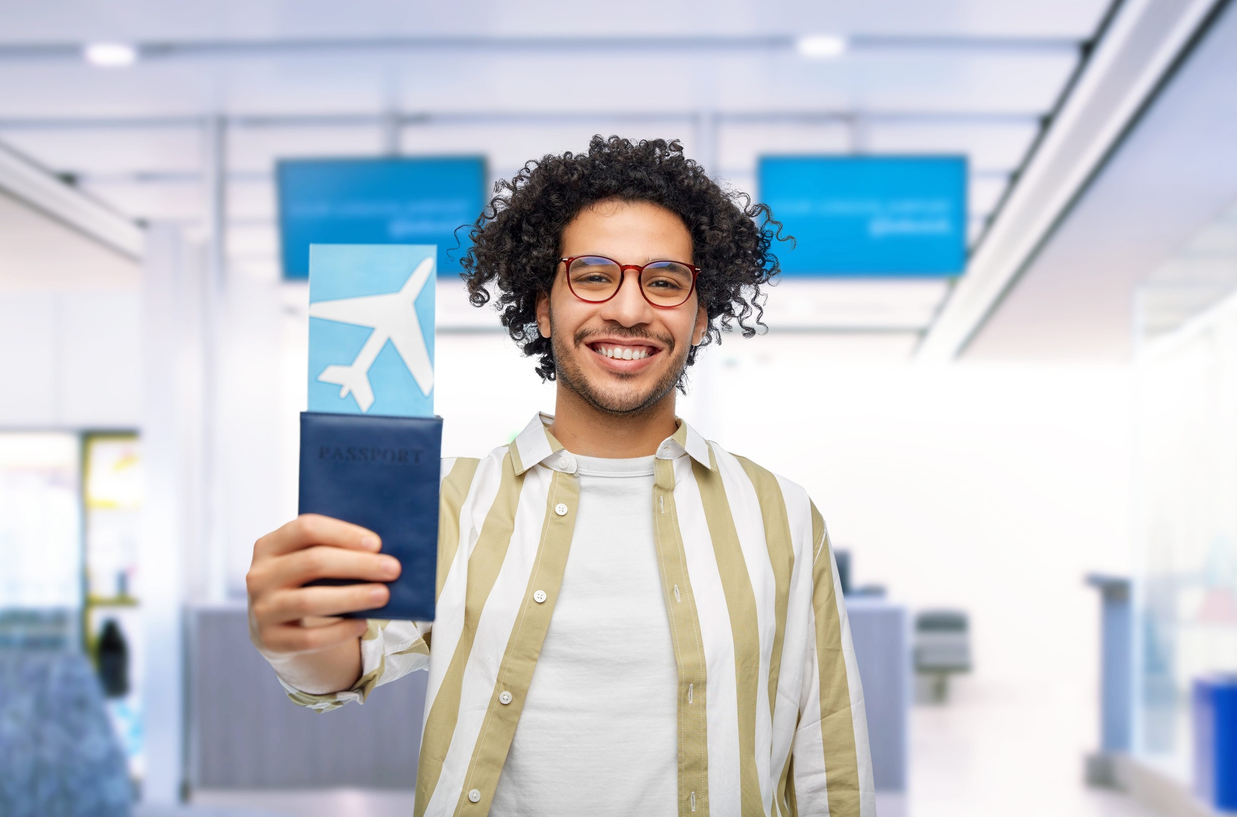 Happy Man With Passport And Air Ticket