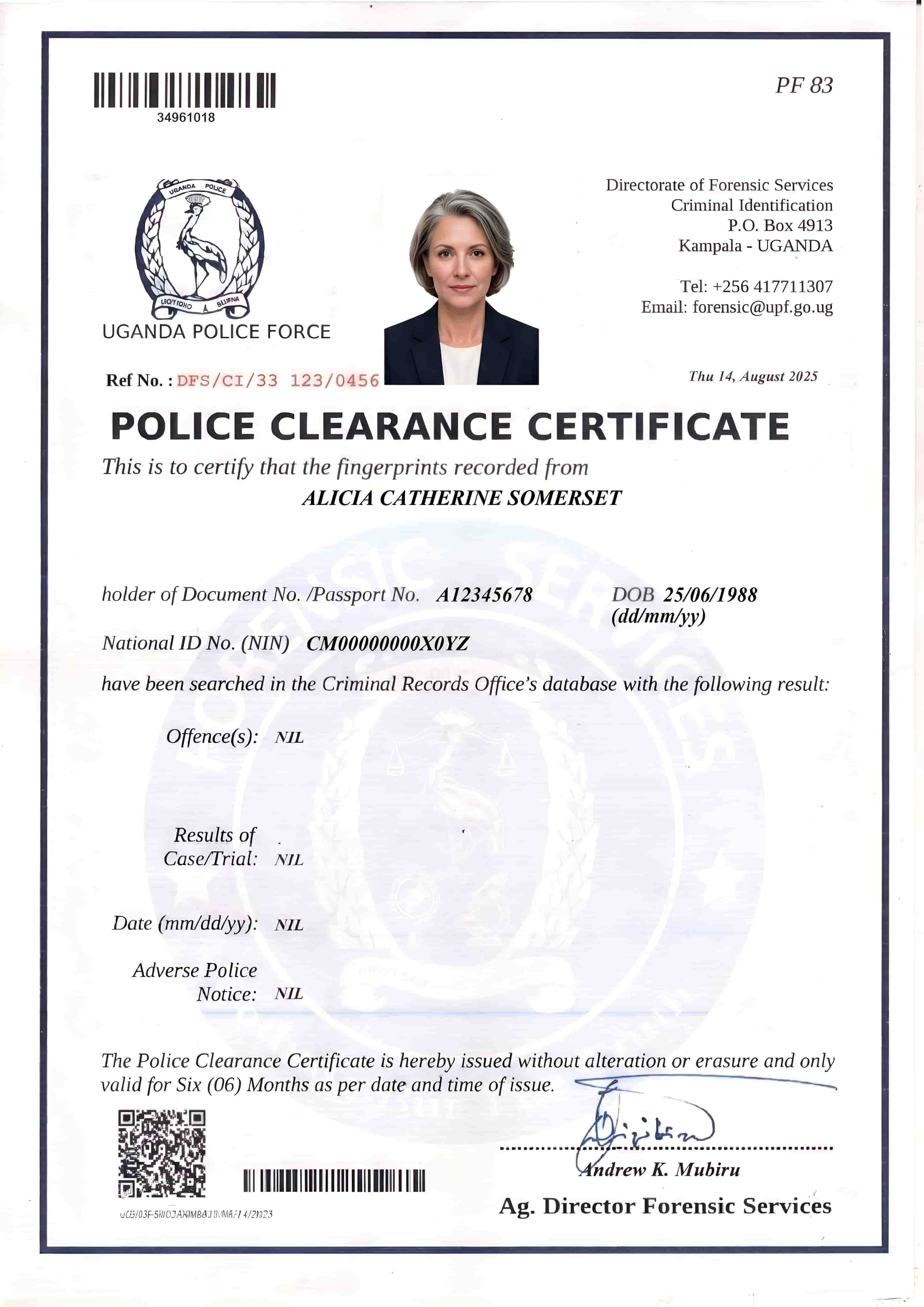 Sample of Police Clearance Certificate