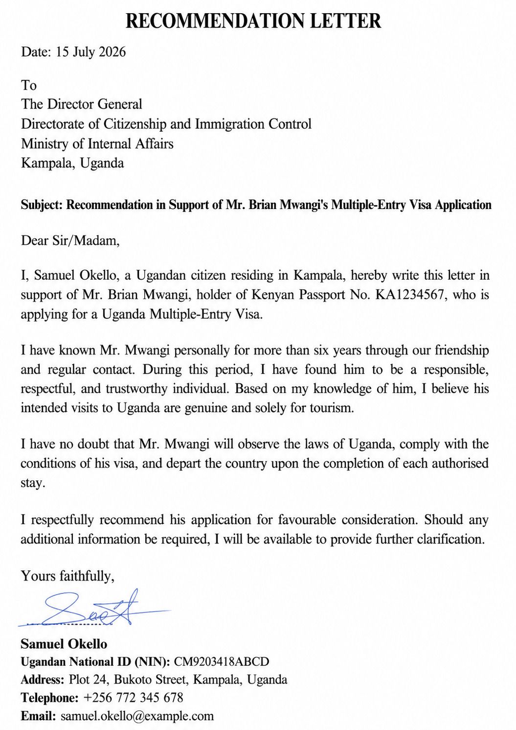 Recommendation Letter From Referee One In Uganda