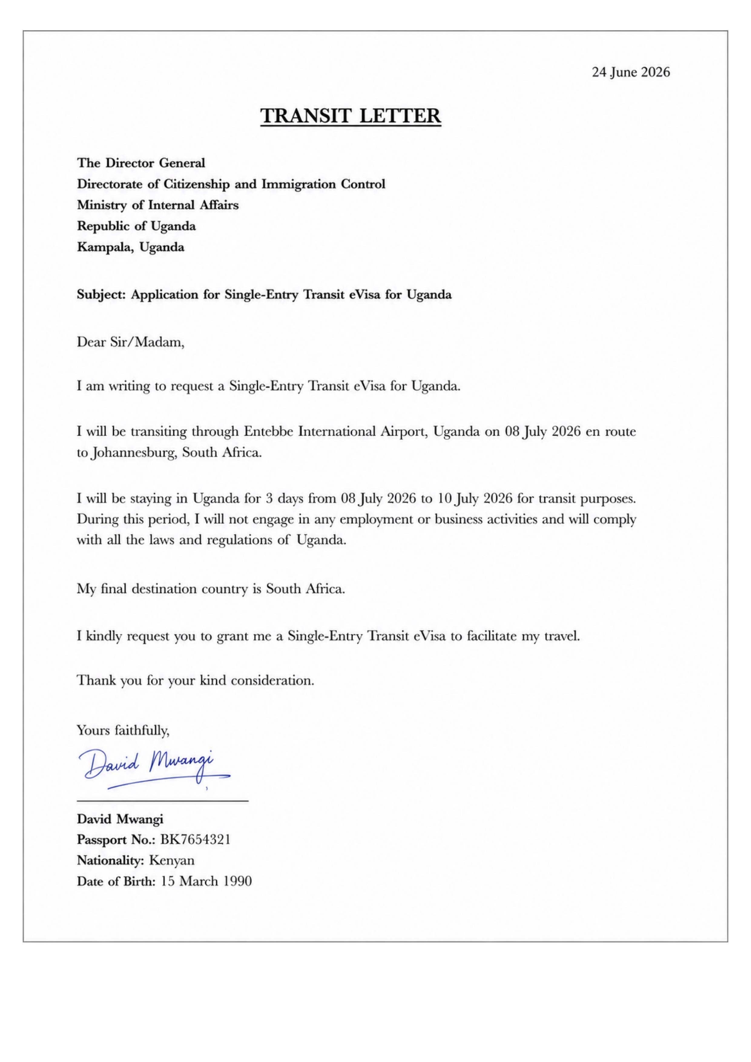 Transit Letter Sample