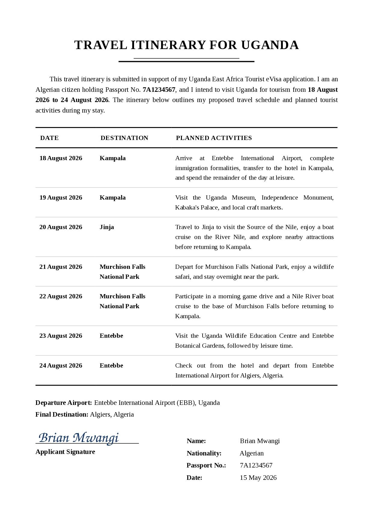 Travel Itinerary Sample